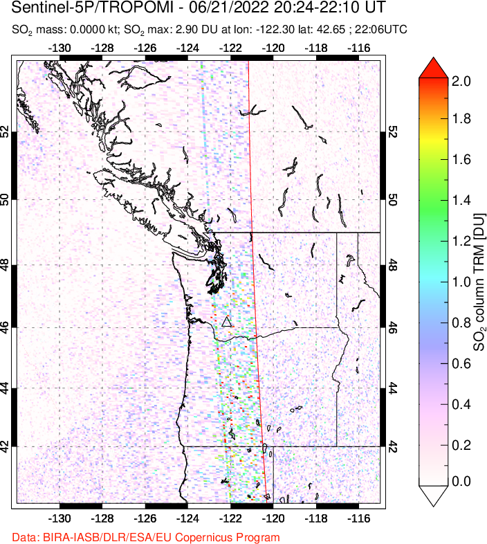 A sulfur dioxide image over Cascade Range, USA on Jun 21, 2022.