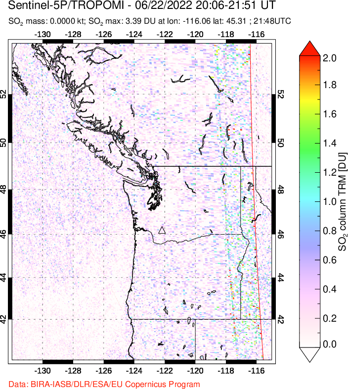 A sulfur dioxide image over Cascade Range, USA on Jun 22, 2022.