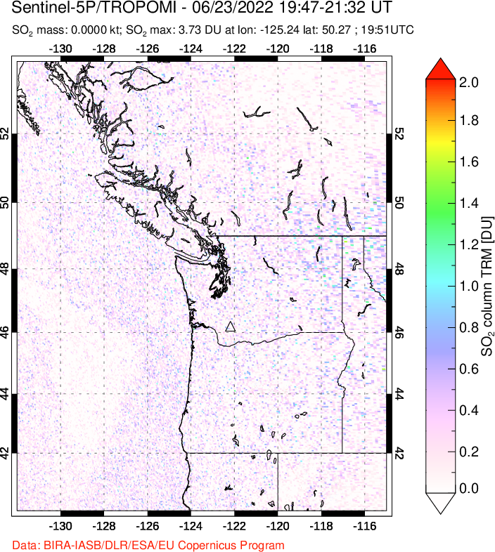 A sulfur dioxide image over Cascade Range, USA on Jun 23, 2022.