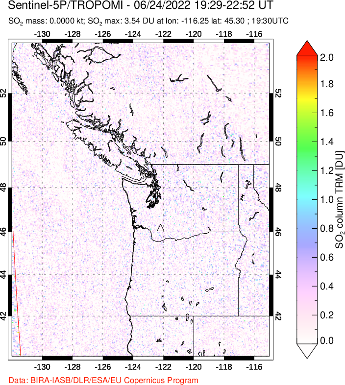 A sulfur dioxide image over Cascade Range, USA on Jun 24, 2022.