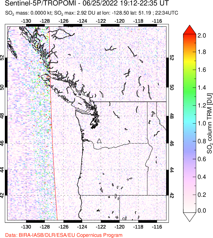 A sulfur dioxide image over Cascade Range, USA on Jun 25, 2022.