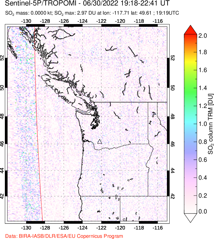 A sulfur dioxide image over Cascade Range, USA on Jun 30, 2022.