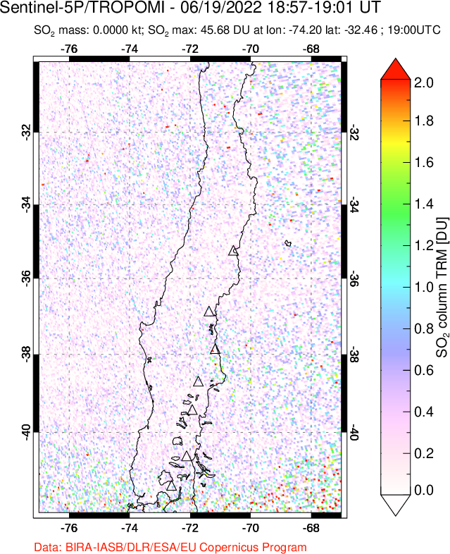 A sulfur dioxide image over Central Chile on Jun 19, 2022.