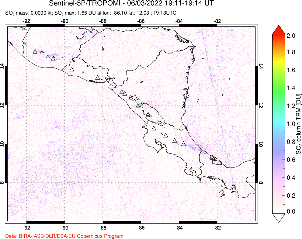 A sulfur dioxide image over Central America on Jun 03, 2022.