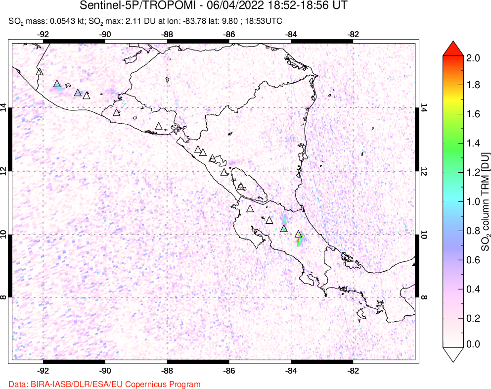 A sulfur dioxide image over Central America on Jun 04, 2022.