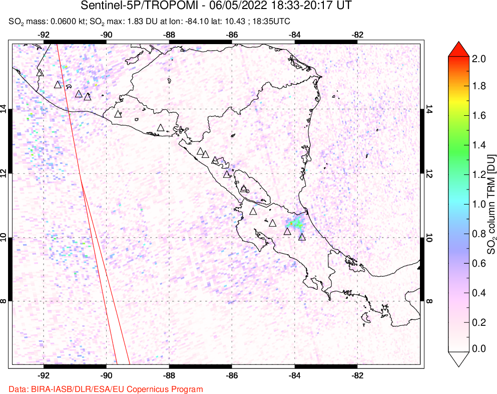 A sulfur dioxide image over Central America on Jun 05, 2022.