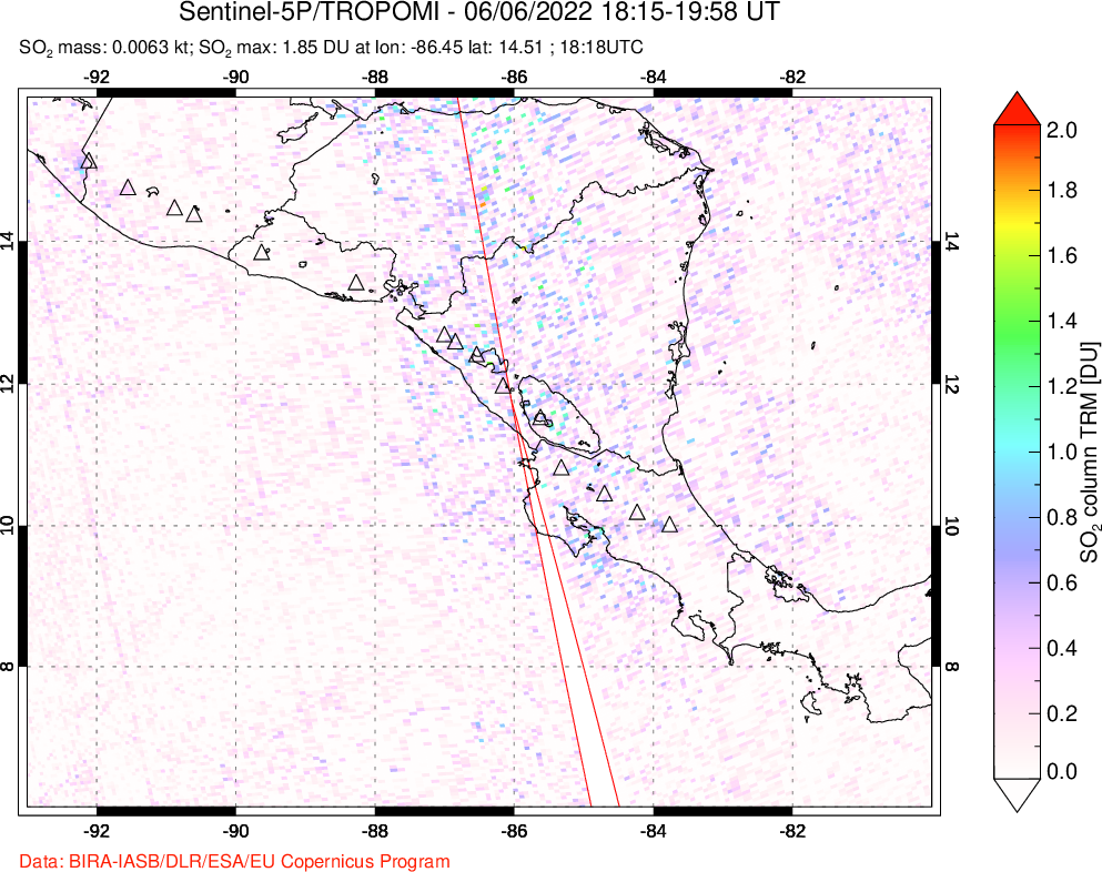 A sulfur dioxide image over Central America on Jun 06, 2022.