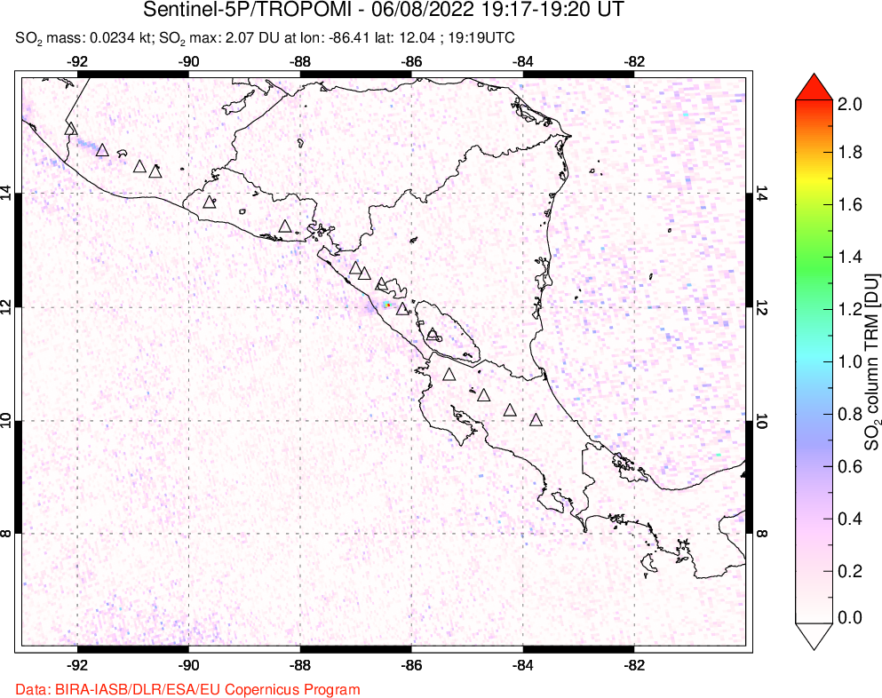 A sulfur dioxide image over Central America on Jun 08, 2022.
