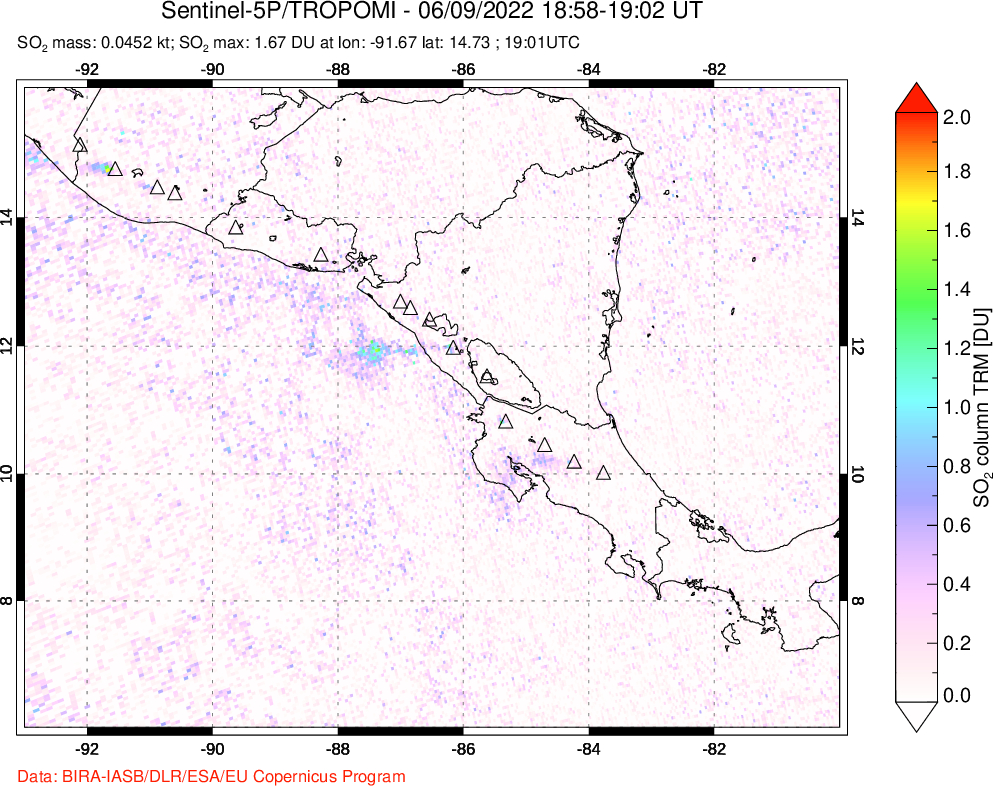 A sulfur dioxide image over Central America on Jun 09, 2022.