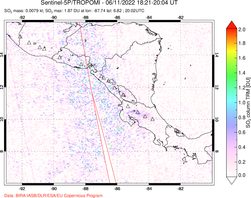 A sulfur dioxide image over Central America on Jun 11, 2022.