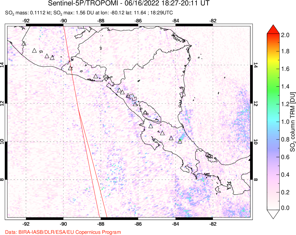 A sulfur dioxide image over Central America on Jun 16, 2022.