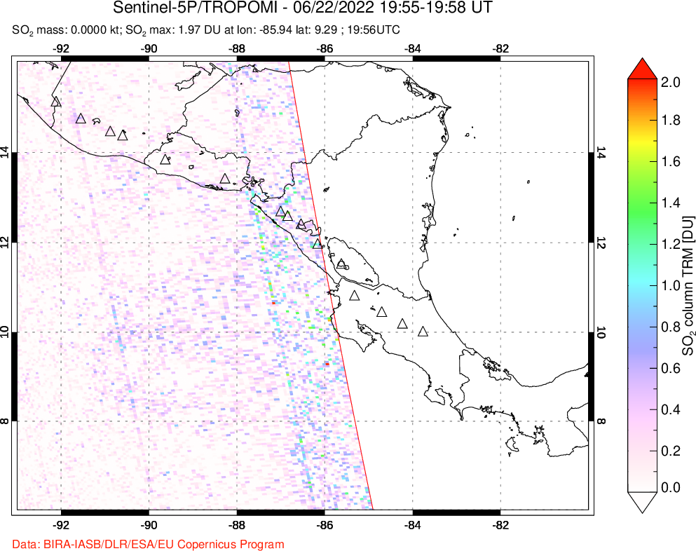 A sulfur dioxide image over Central America on Jun 22, 2022.