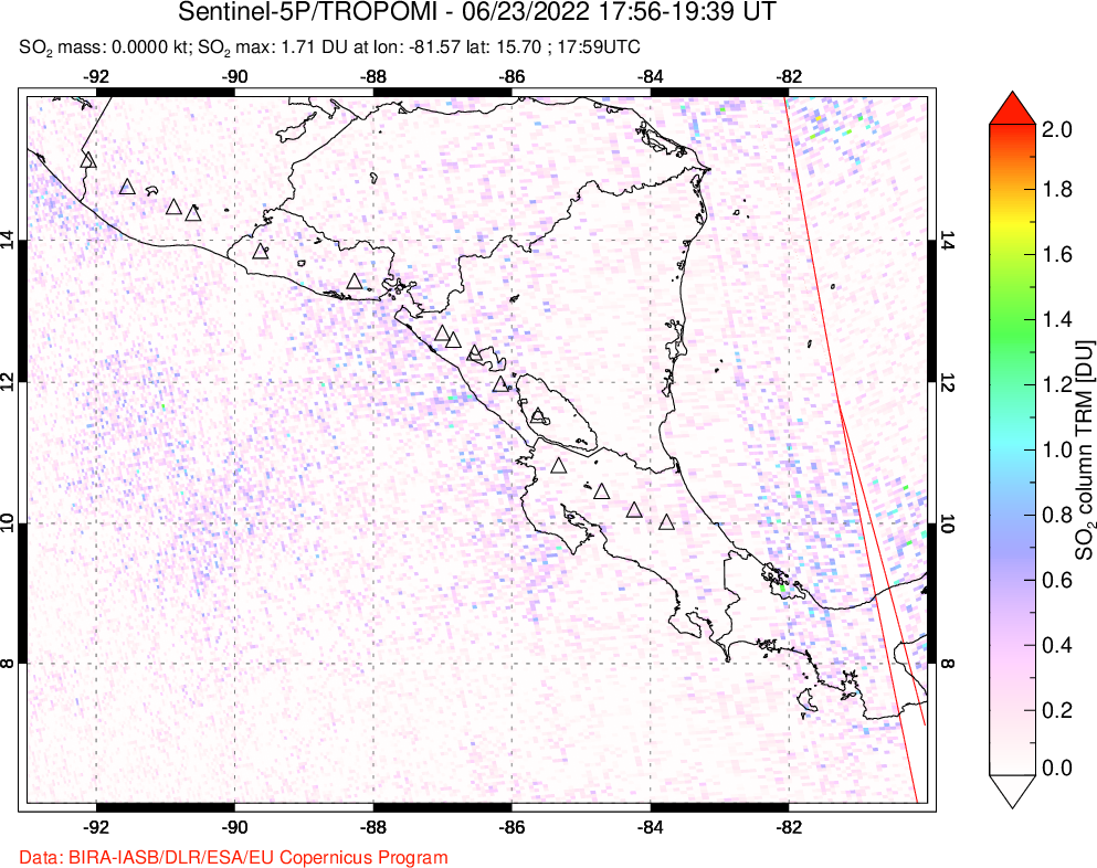 A sulfur dioxide image over Central America on Jun 23, 2022.