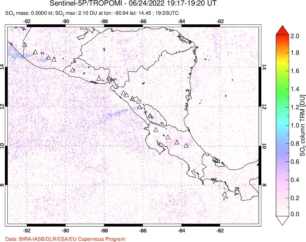 A sulfur dioxide image over Central America on Jun 24, 2022.
