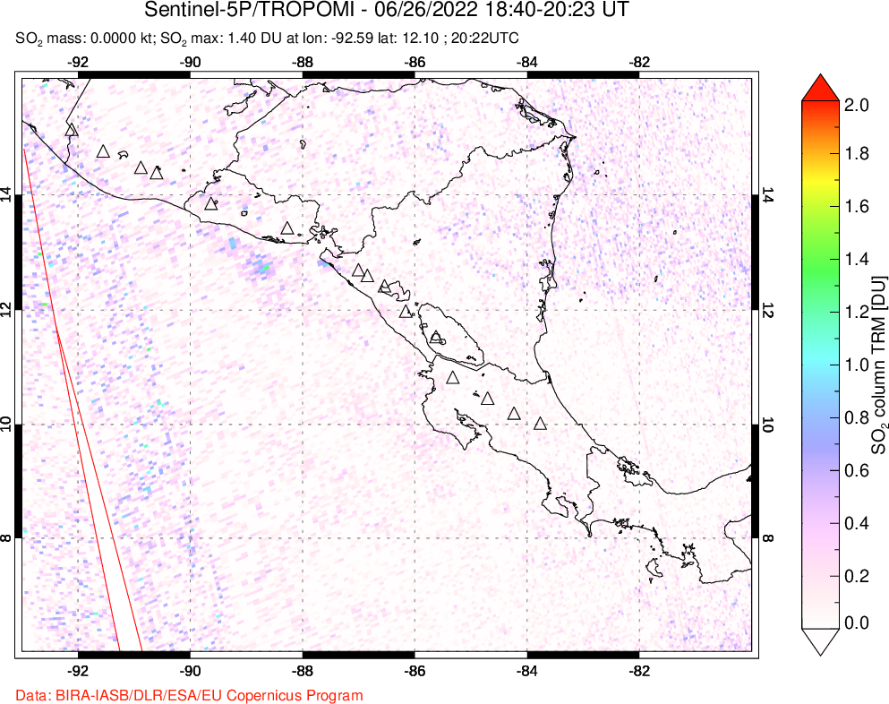 A sulfur dioxide image over Central America on Jun 26, 2022.