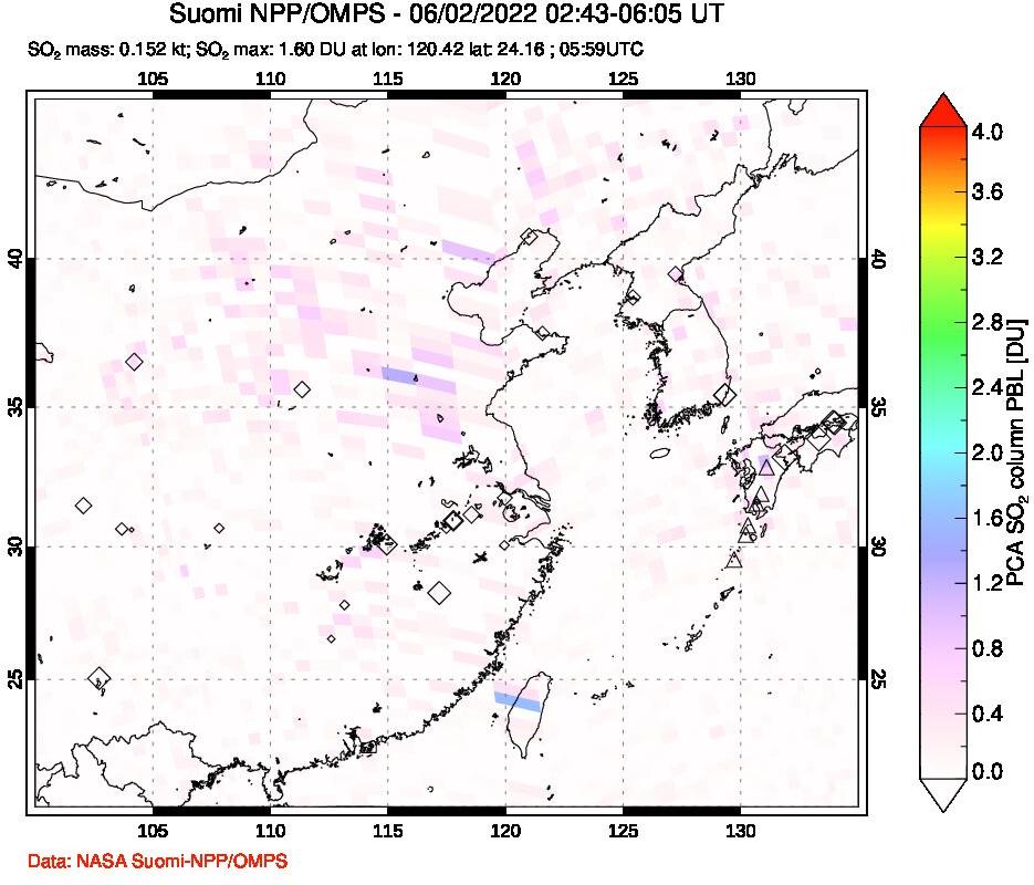 A sulfur dioxide image over Eastern China on Jun 02, 2022.