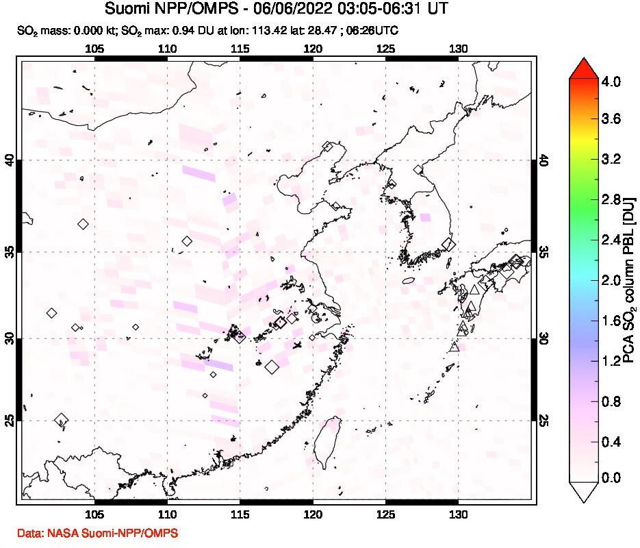 A sulfur dioxide image over Eastern China on Jun 06, 2022.