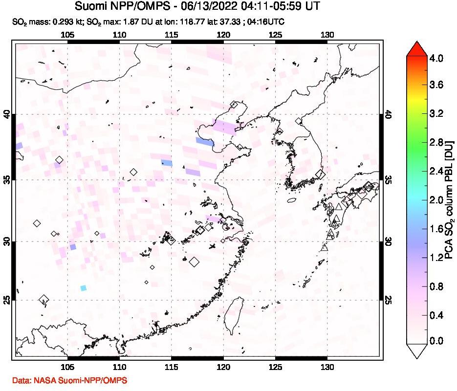 A sulfur dioxide image over Eastern China on Jun 13, 2022.