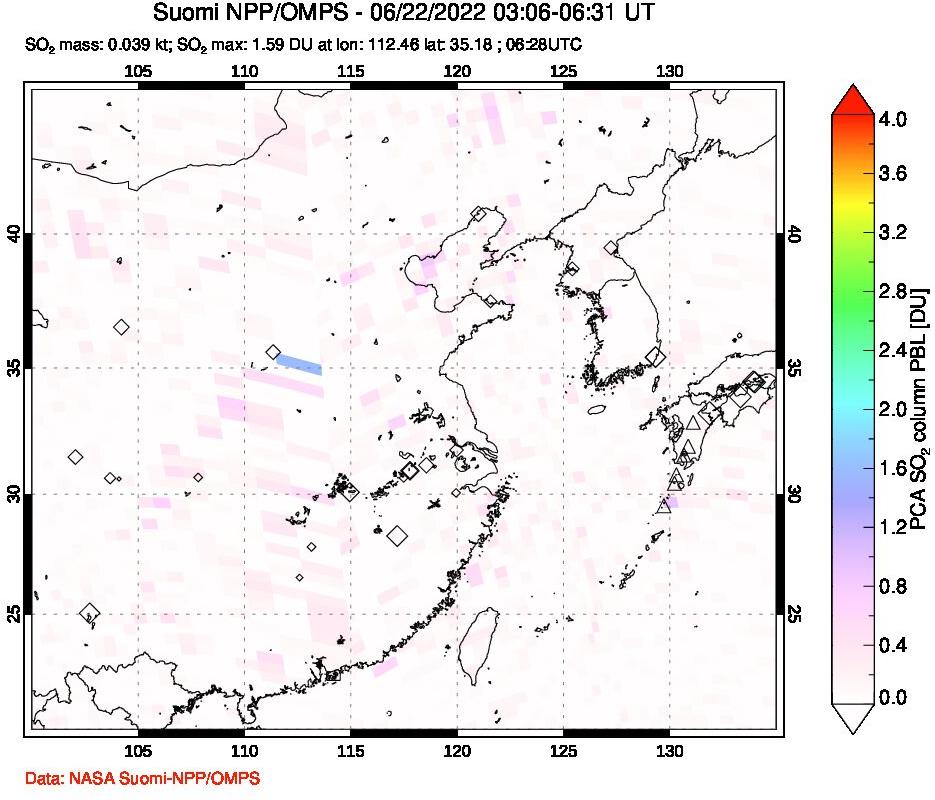 A sulfur dioxide image over Eastern China on Jun 22, 2022.