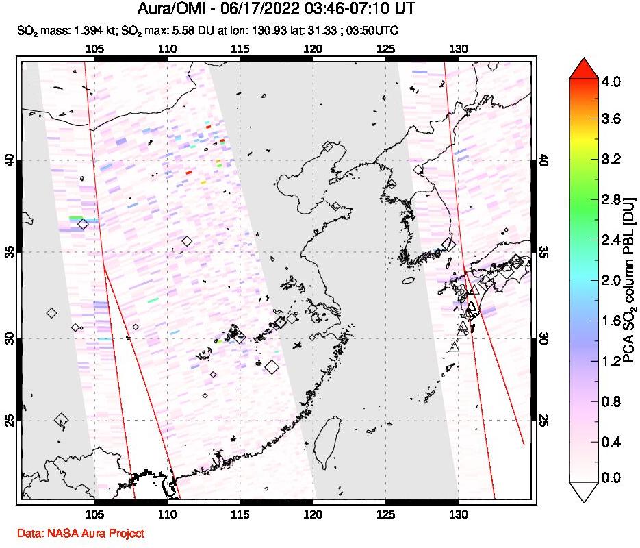 A sulfur dioxide image over Eastern China on Jun 17, 2022.