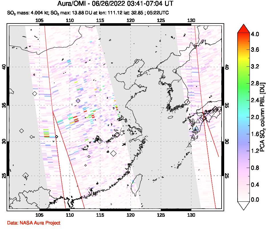 A sulfur dioxide image over Eastern China on Jun 26, 2022.