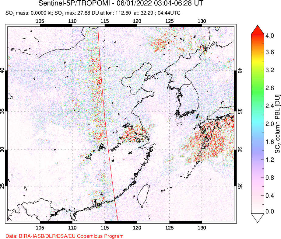 A sulfur dioxide image over Eastern China on Jun 01, 2022.