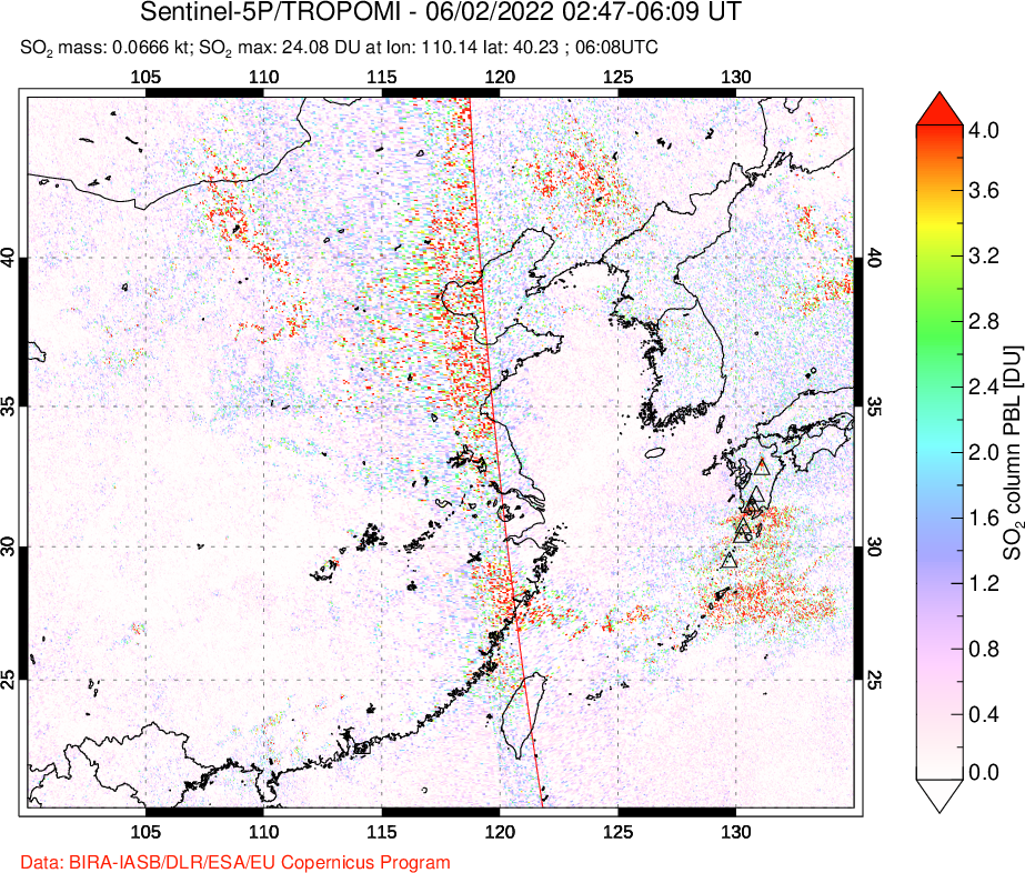 A sulfur dioxide image over Eastern China on Jun 02, 2022.