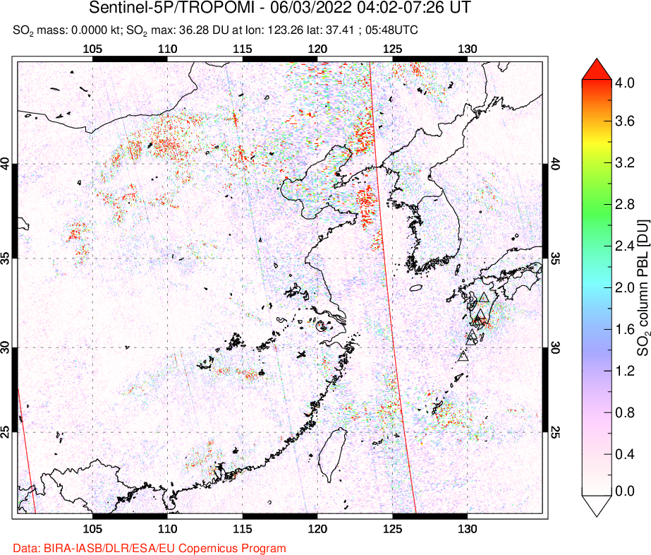 A sulfur dioxide image over Eastern China on Jun 03, 2022.