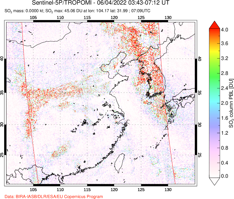 A sulfur dioxide image over Eastern China on Jun 04, 2022.