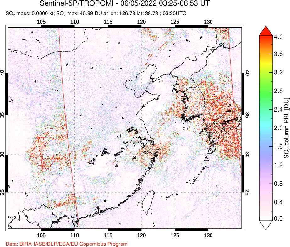 A sulfur dioxide image over Eastern China on Jun 05, 2022.