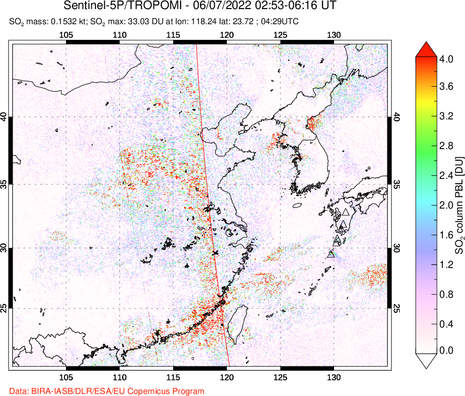 A sulfur dioxide image over Eastern China on Jun 07, 2022.