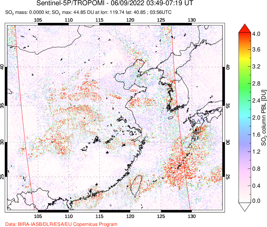 A sulfur dioxide image over Eastern China on Jun 09, 2022.