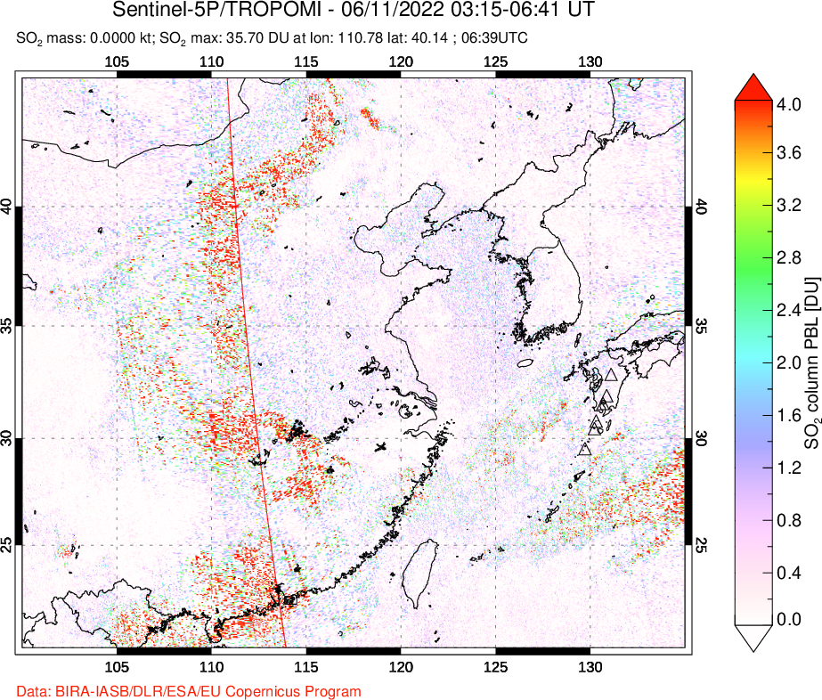 A sulfur dioxide image over Eastern China on Jun 11, 2022.