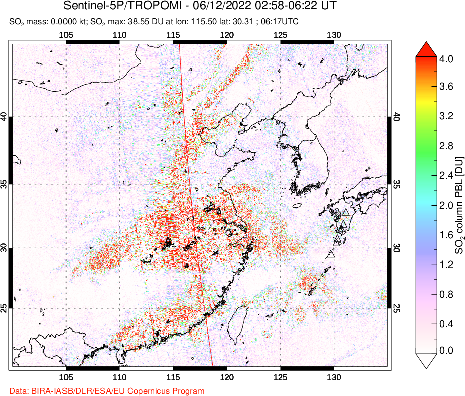 A sulfur dioxide image over Eastern China on Jun 12, 2022.