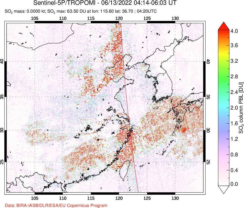 A sulfur dioxide image over Eastern China on Jun 13, 2022.