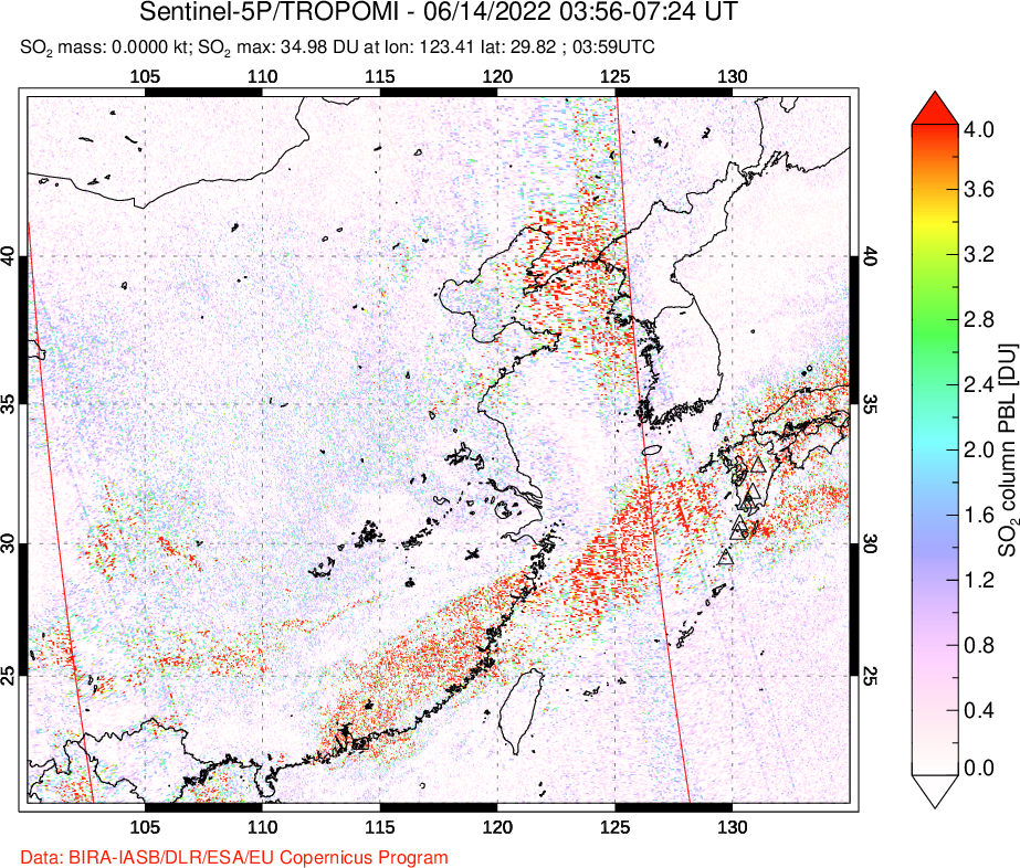 A sulfur dioxide image over Eastern China on Jun 14, 2022.