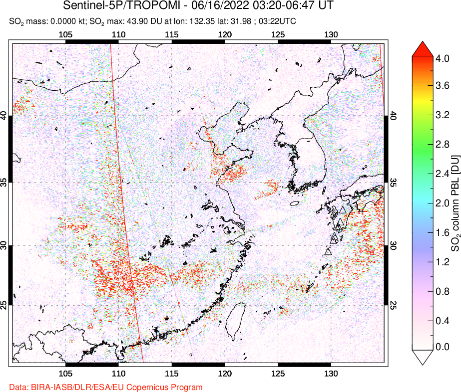 A sulfur dioxide image over Eastern China on Jun 16, 2022.