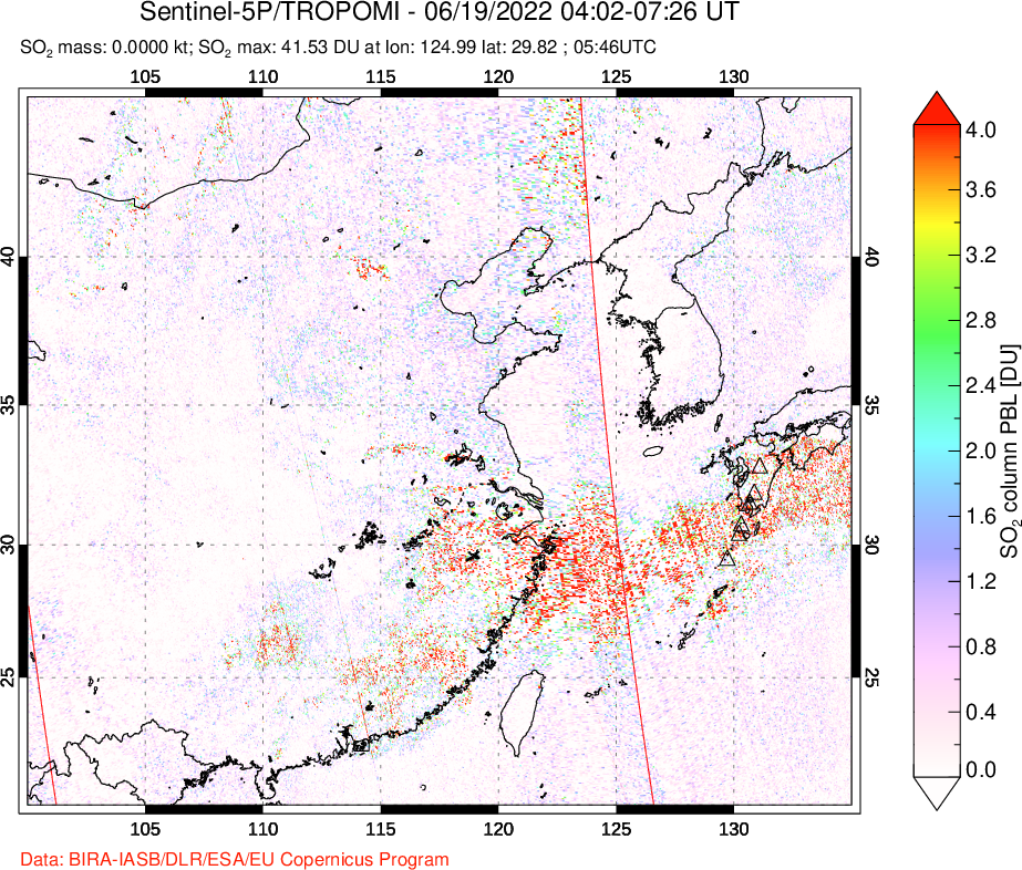 A sulfur dioxide image over Eastern China on Jun 19, 2022.