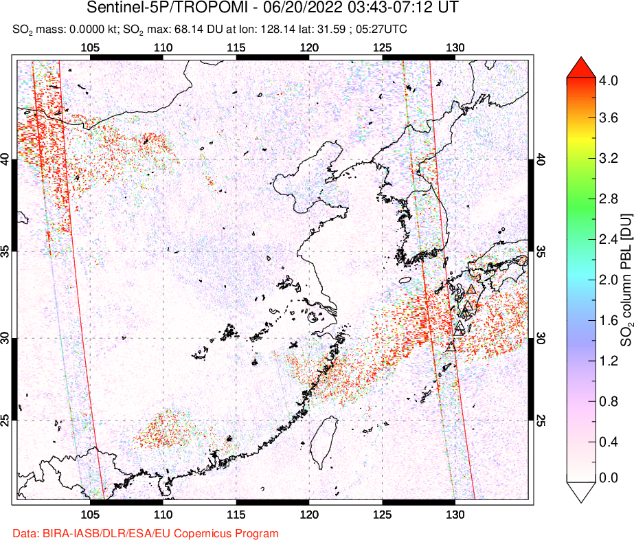 A sulfur dioxide image over Eastern China on Jun 20, 2022.