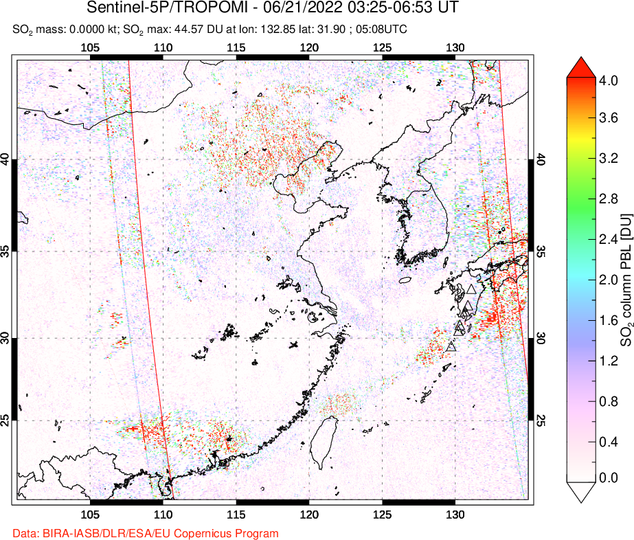 A sulfur dioxide image over Eastern China on Jun 21, 2022.