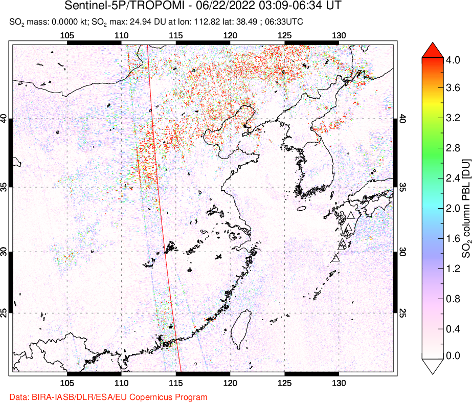 A sulfur dioxide image over Eastern China on Jun 22, 2022.
