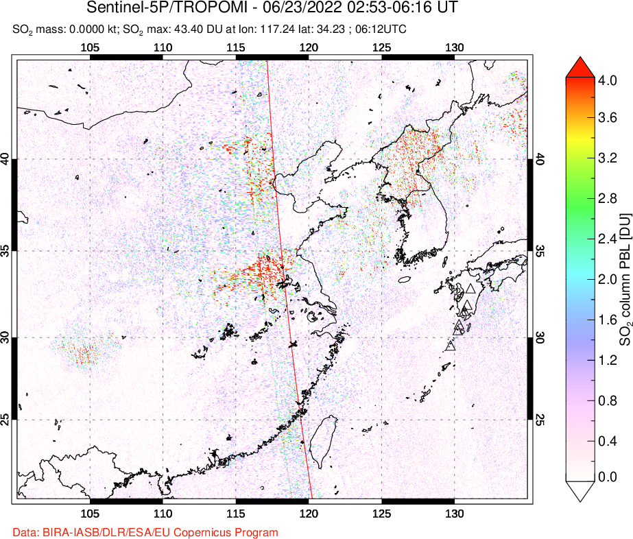 A sulfur dioxide image over Eastern China on Jun 23, 2022.