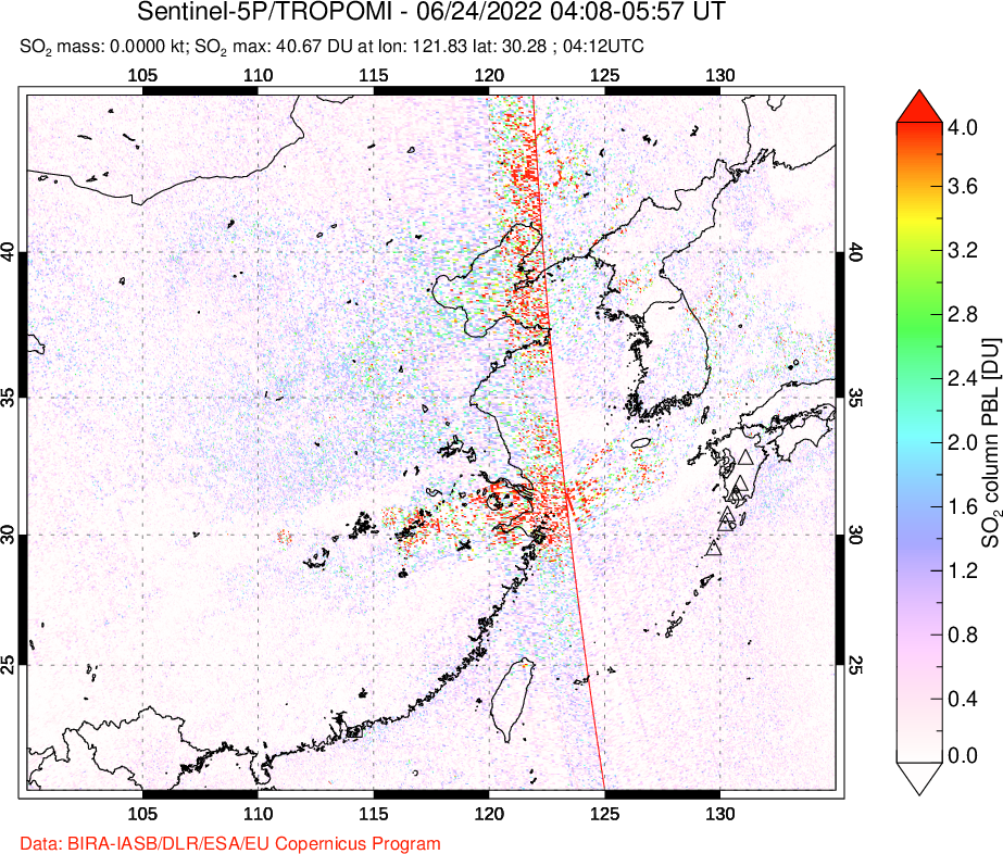 A sulfur dioxide image over Eastern China on Jun 24, 2022.