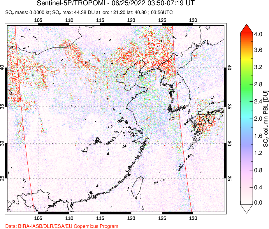 A sulfur dioxide image over Eastern China on Jun 25, 2022.