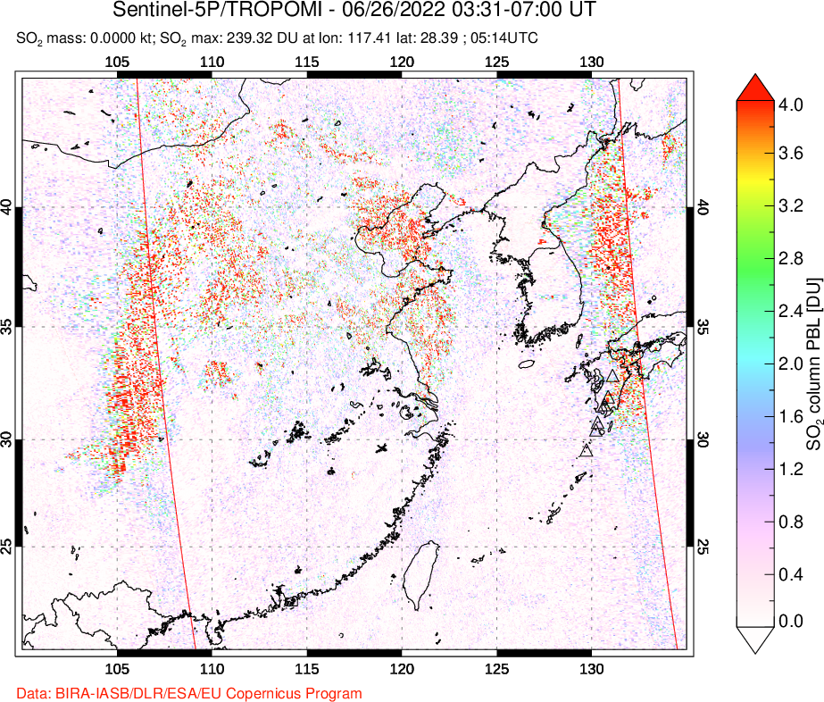 A sulfur dioxide image over Eastern China on Jun 26, 2022.