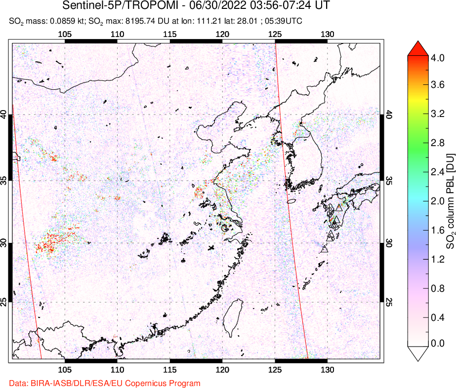 A sulfur dioxide image over Eastern China on Jun 30, 2022.