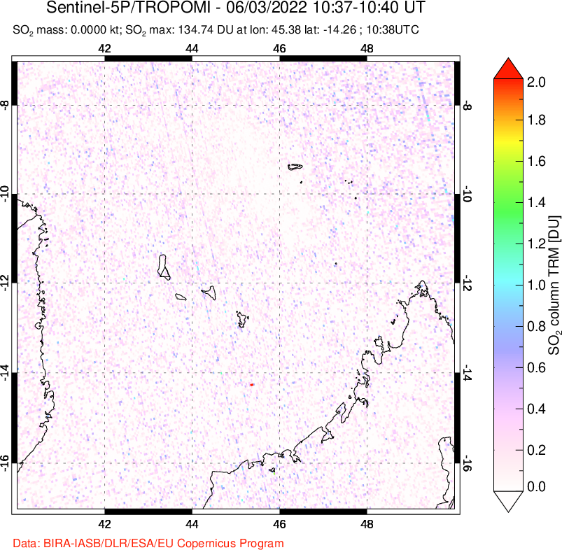 A sulfur dioxide image over Comoro Islands on Jun 03, 2022.