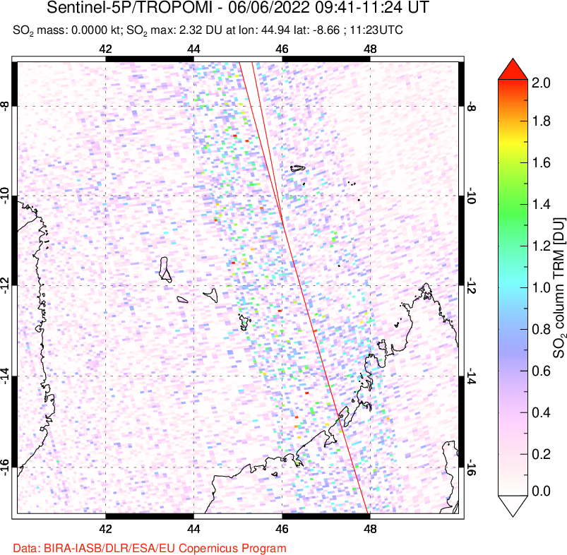 A sulfur dioxide image over Comoro Islands on Jun 06, 2022.
