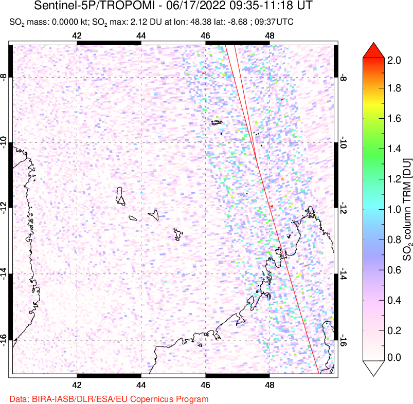 A sulfur dioxide image over Comoro Islands on Jun 17, 2022.