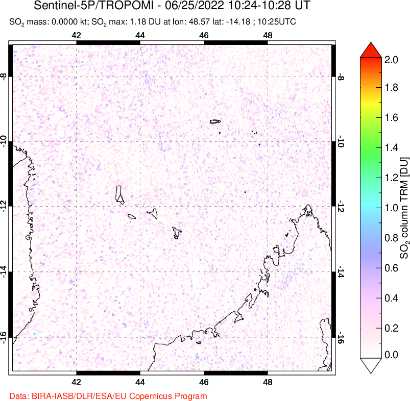 A sulfur dioxide image over Comoro Islands on Jun 25, 2022.